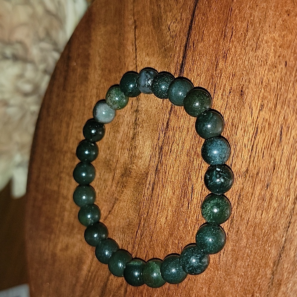 π Hand Crafted Moss Agate Natural Gemstone Stretch Bracelet New Gift - Picture 3 of 3